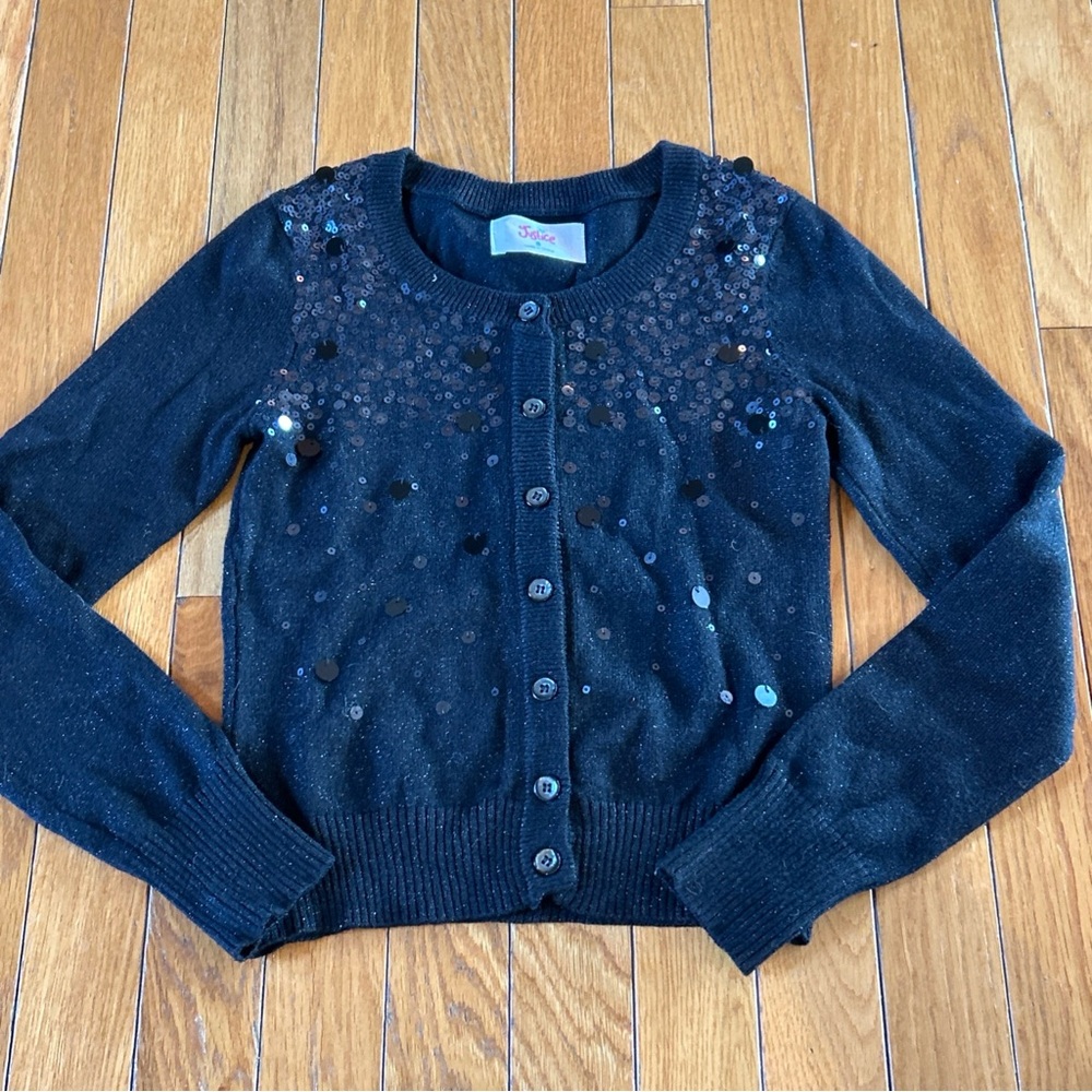 Justice Button Down Front Cardigan Sweaters Girls Size 8 Black Sequin & Ivory - Picture 5 of 8